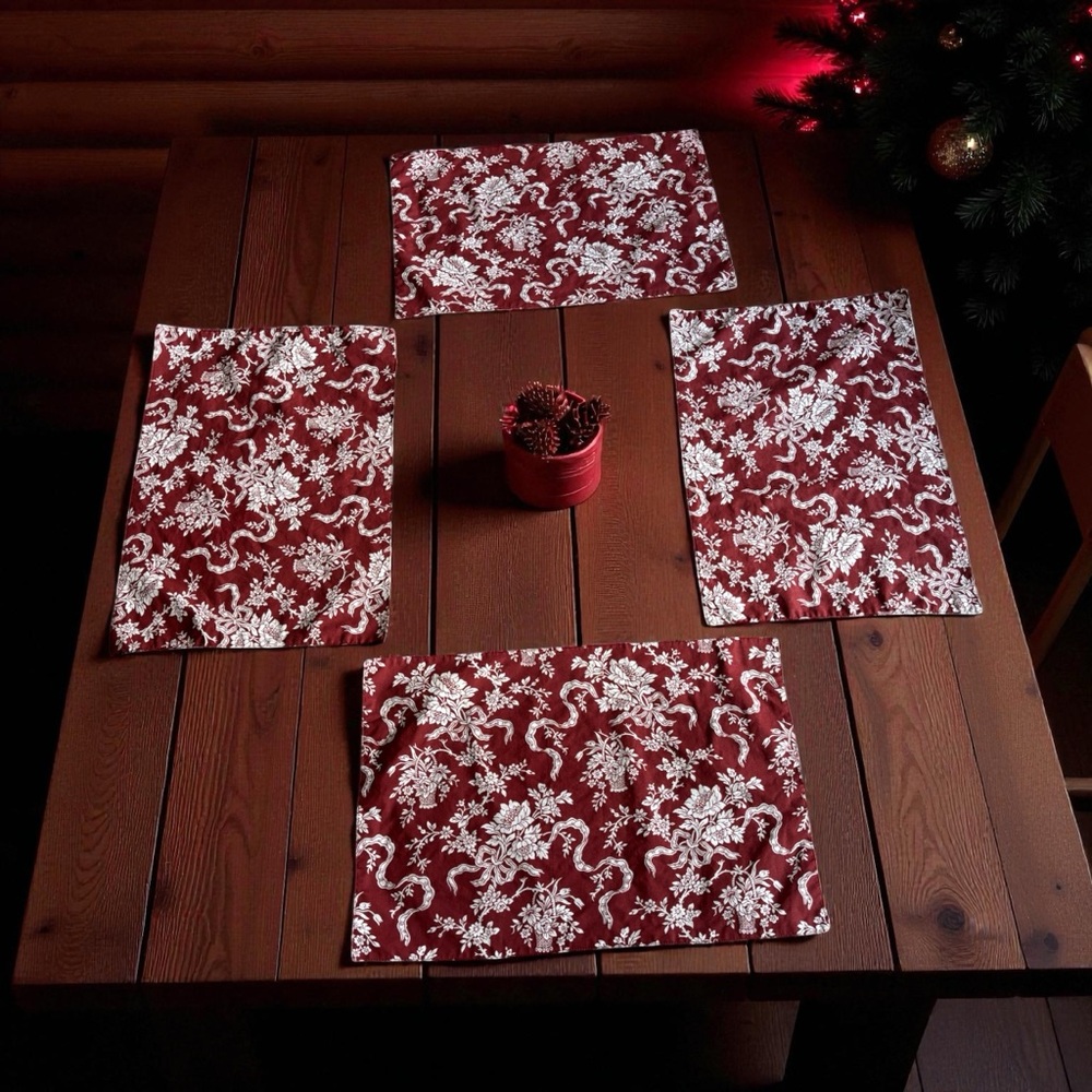 4 Noble Excellence Placements Villa Eloise Rust Red White Floral Basket Ribbons